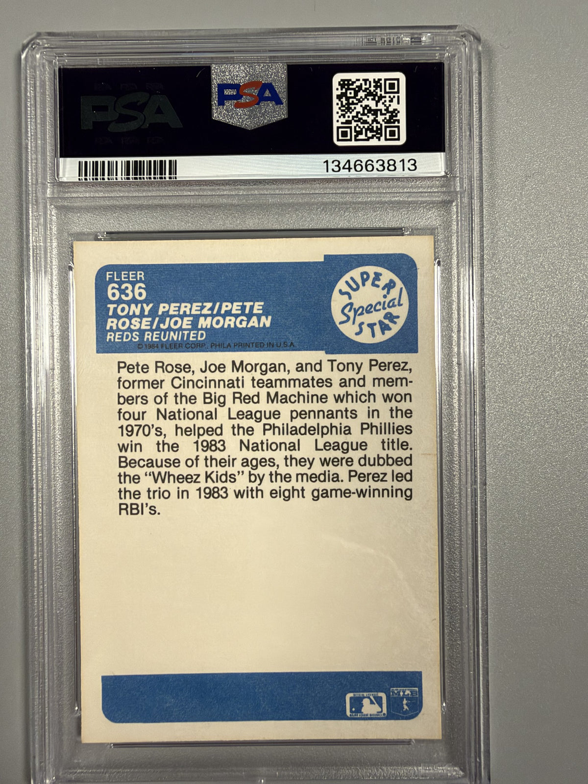 1984 Fleer Reds Reunited #636 Tony Perez Pete Rose Joe Morgan PSA 10 back
