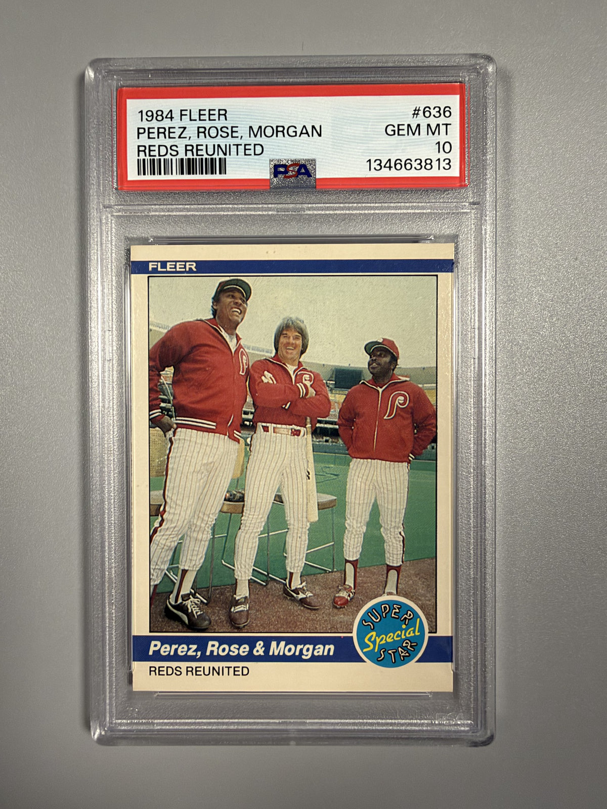 1984 Fleer Reds Reunited #636 Tony Perez Pete Rose Joe Morgan PSA 10 front