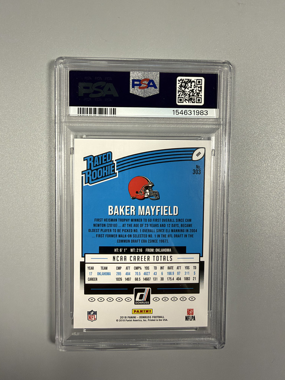 2018 Panini Donruss Baker Mayfield #303 Rated Rookie PSA 10 back