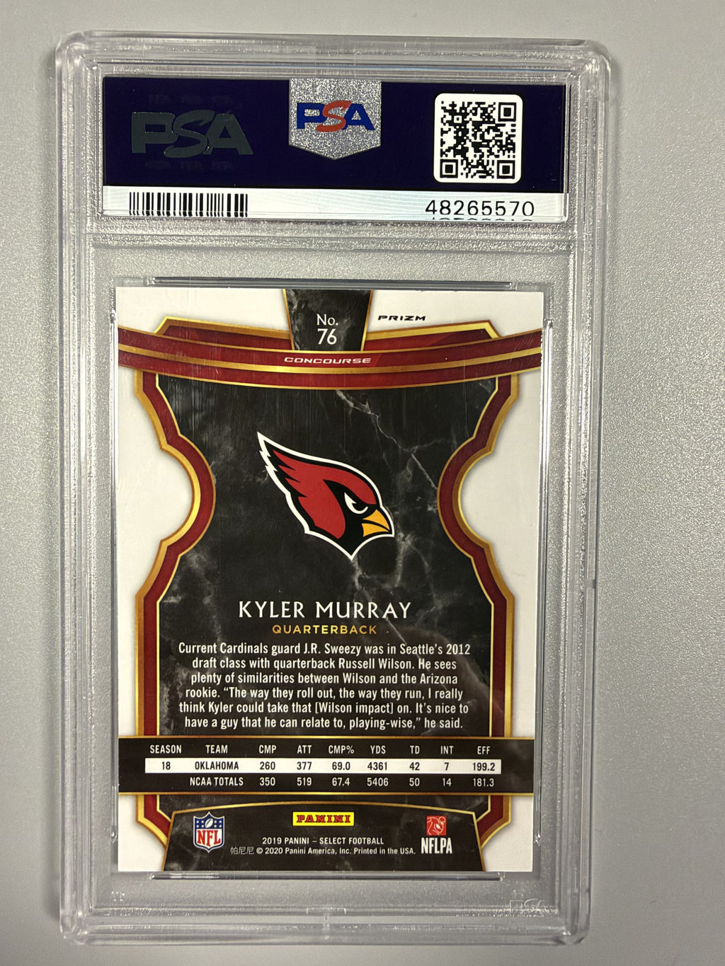 2019 Panini Select Kyler Murray #76 Concourse Silver Prizm rookie PSA 10 back