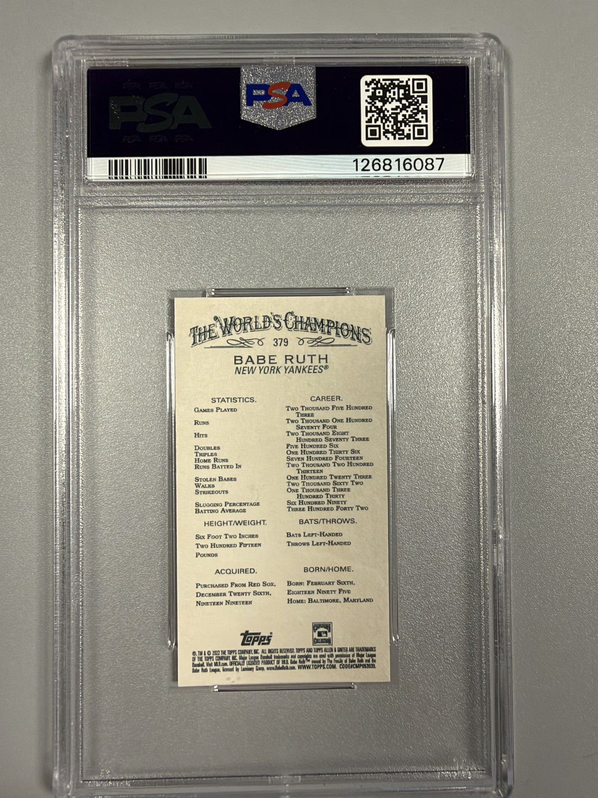 2022 Topps Allen & Ginter Babe Ruth #379 Mini Exclusives PSA 10 back