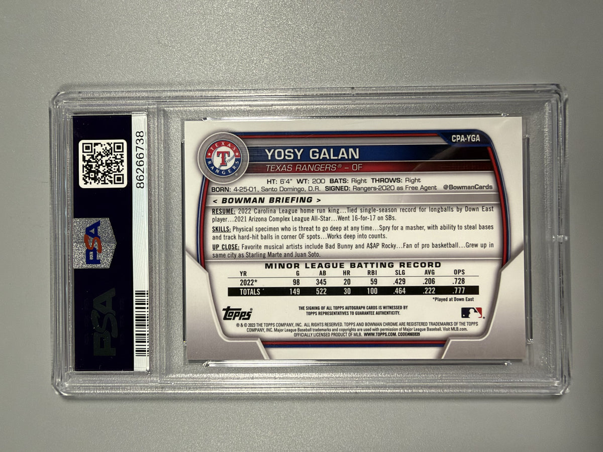 2023 Bowman Chrome Yosy Galan 1st Prospect Autograph Gold Refractor 33/50 PSA 10 back