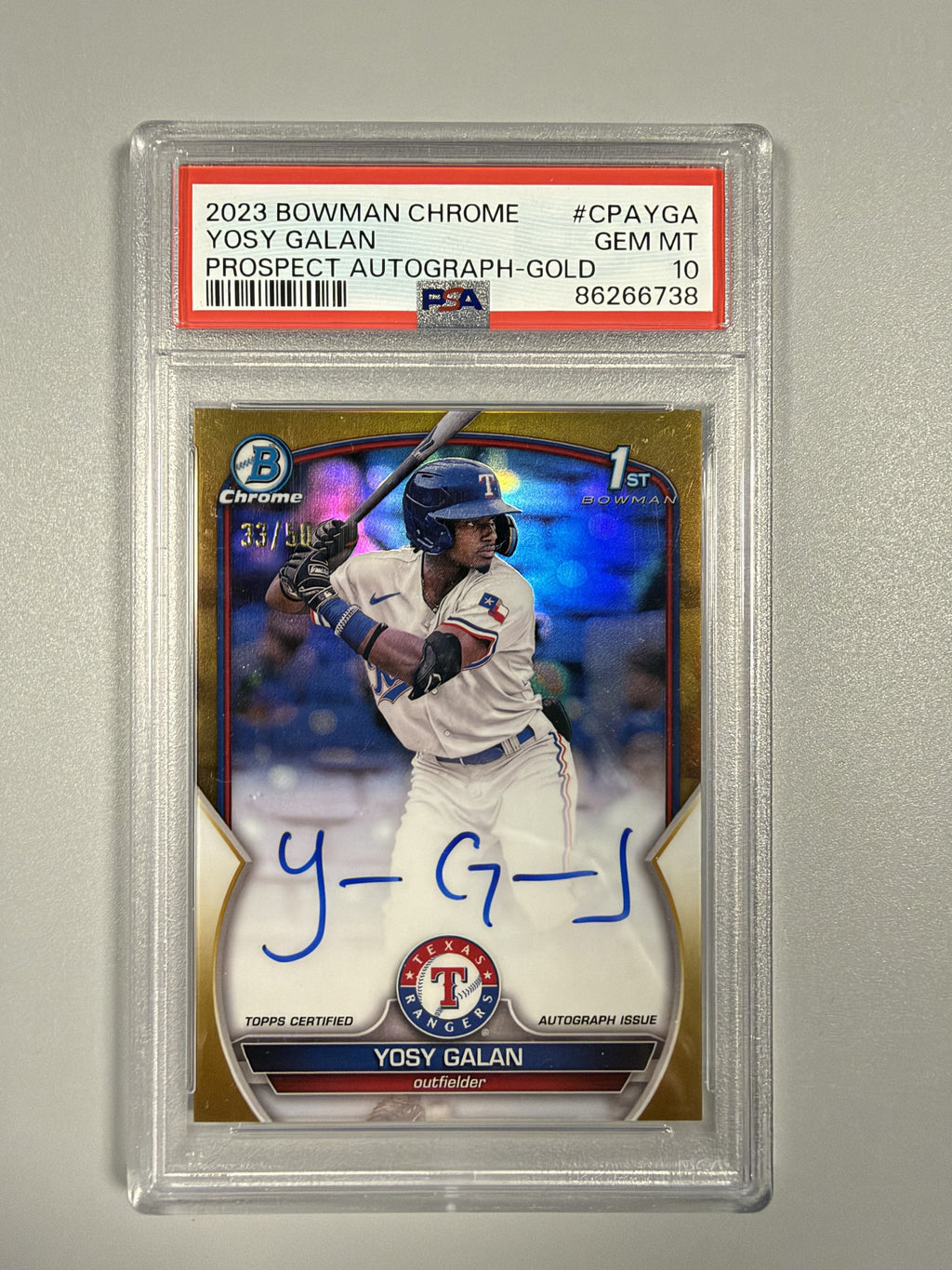 2023 Bowman Chrome Yosy Galan 1st Prospect Autograph Gold Refractor 33/50 PSA 10 front