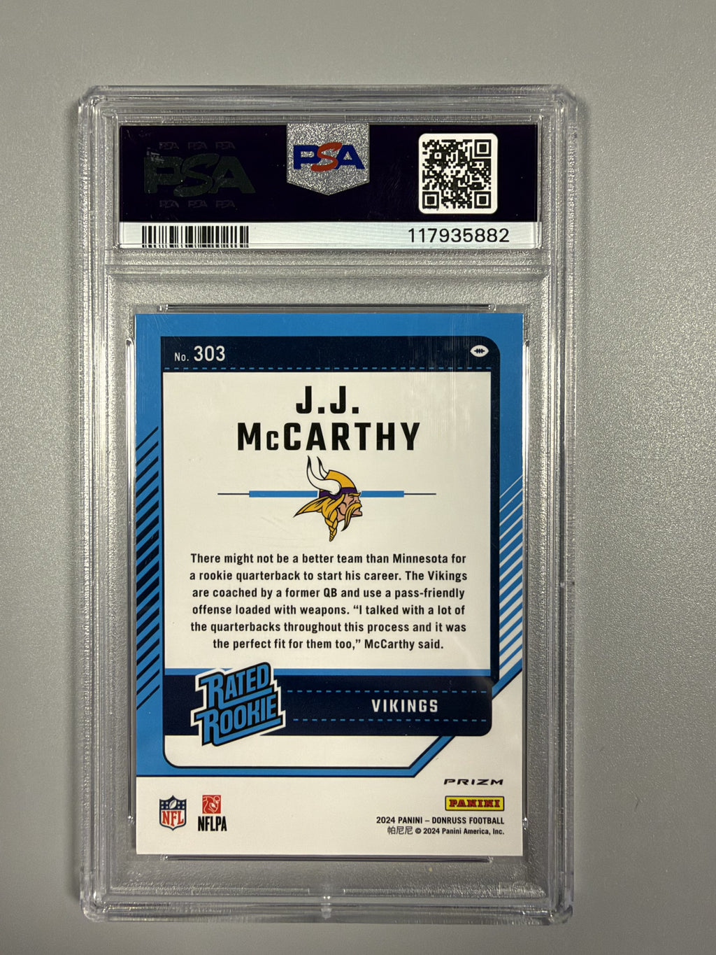 2024 Panini Donruss J.J. McCarthy #303 Optic Preview Red Wave Rated Rookie PSA 10 back