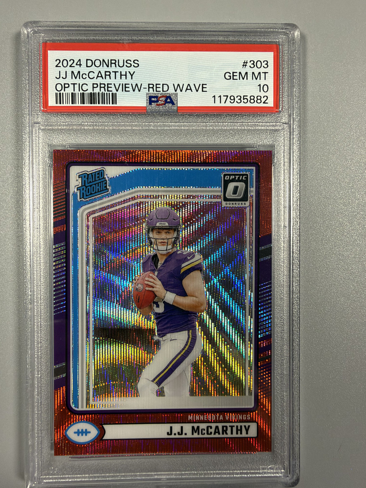 2024 Panini Donruss J.J. McCarthy #303 Optic Preview Red Wave Rated Rookie PSA 10 front