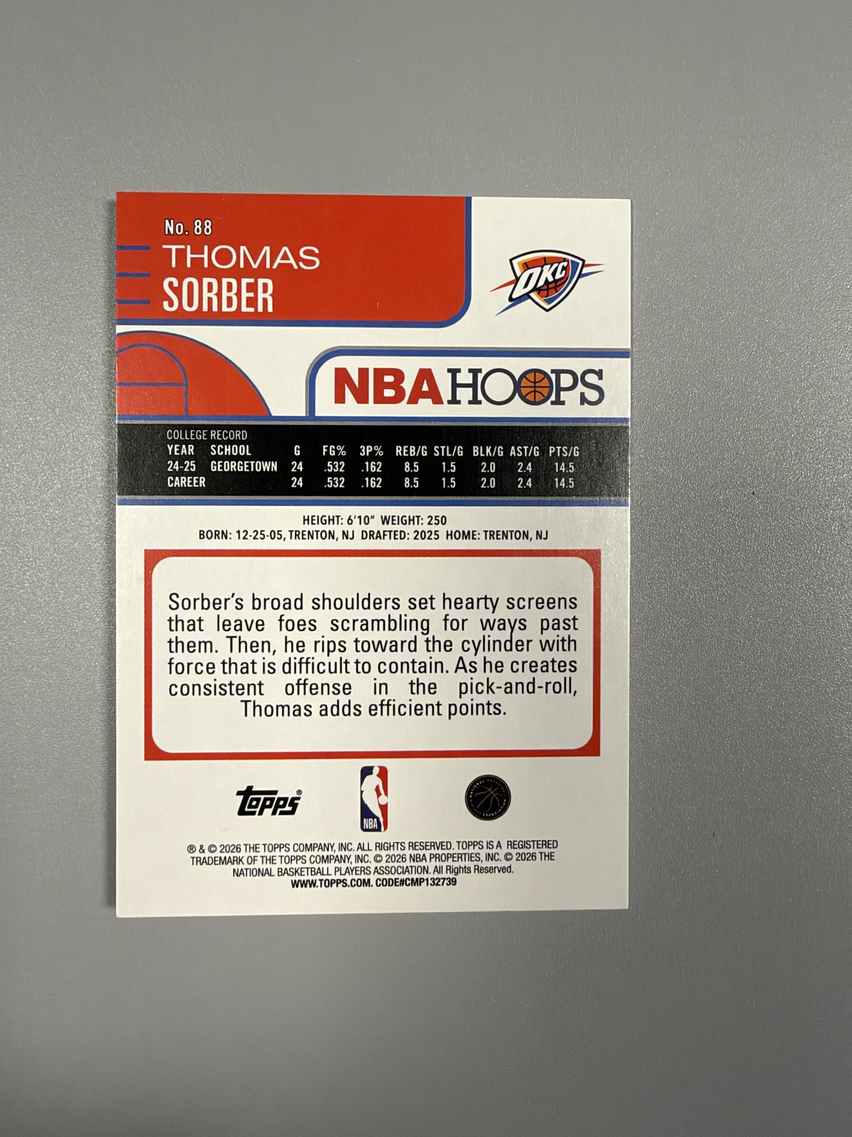 2025-26 Topps NBA Hoops Thomas Sorber #88 Orange Pixel Burst rookie 08/25 back