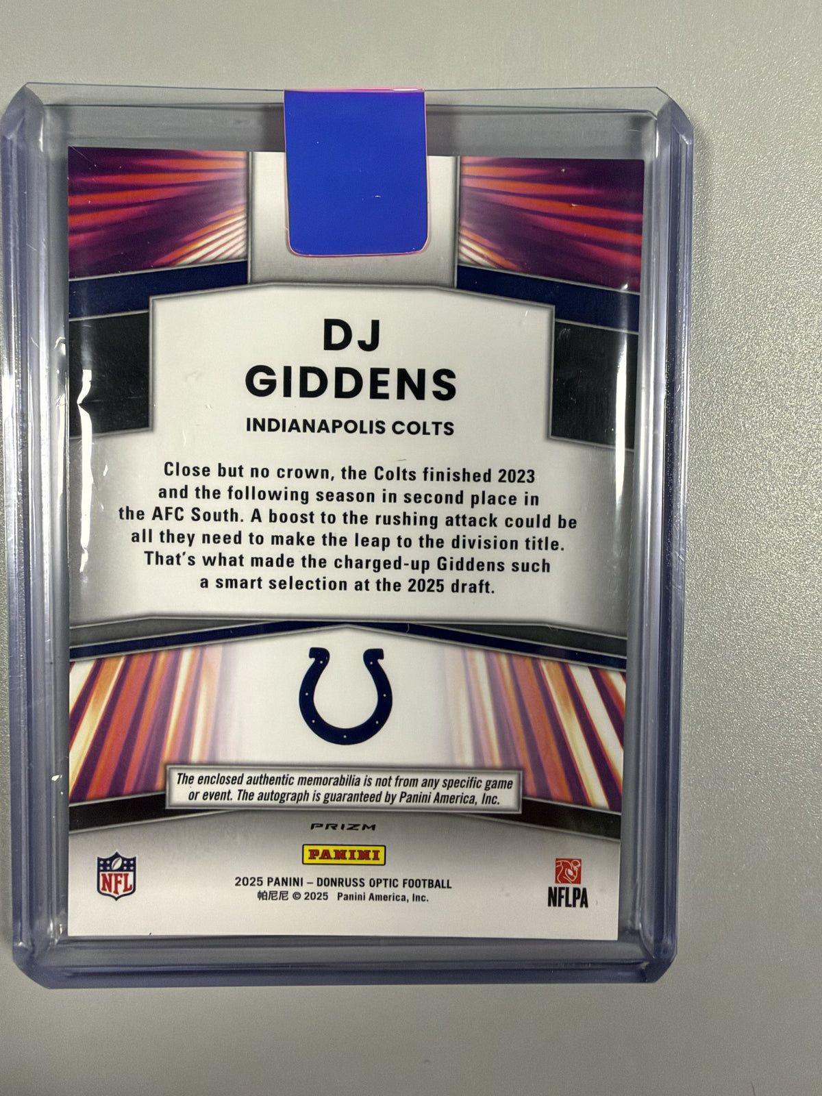 2025 Panini Donruss Optic DJ Giddens Dynamic rookie patch autograph back