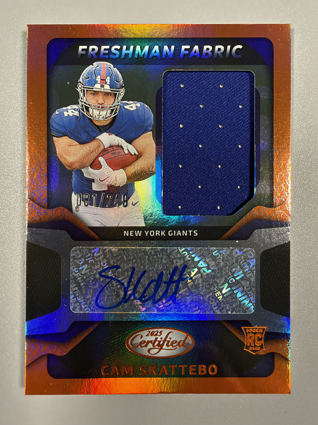 2025 Panini Certified Cam Skattebo Freshman Fabric Mirror Orange rookie patch autograph 091/249 front