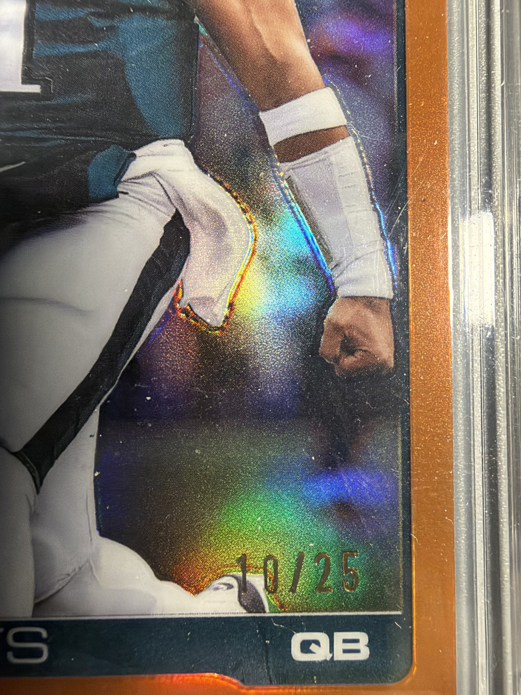 2025 Topps Chrome Jalen Hurts #247 Orange Refractor Image Variation 10/25 serial number close-up
