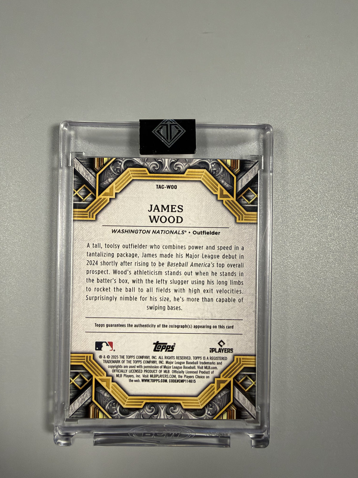 2025 Topps Transcendent James Wood TAC-WOO Blue autograph 03/10 rookie back