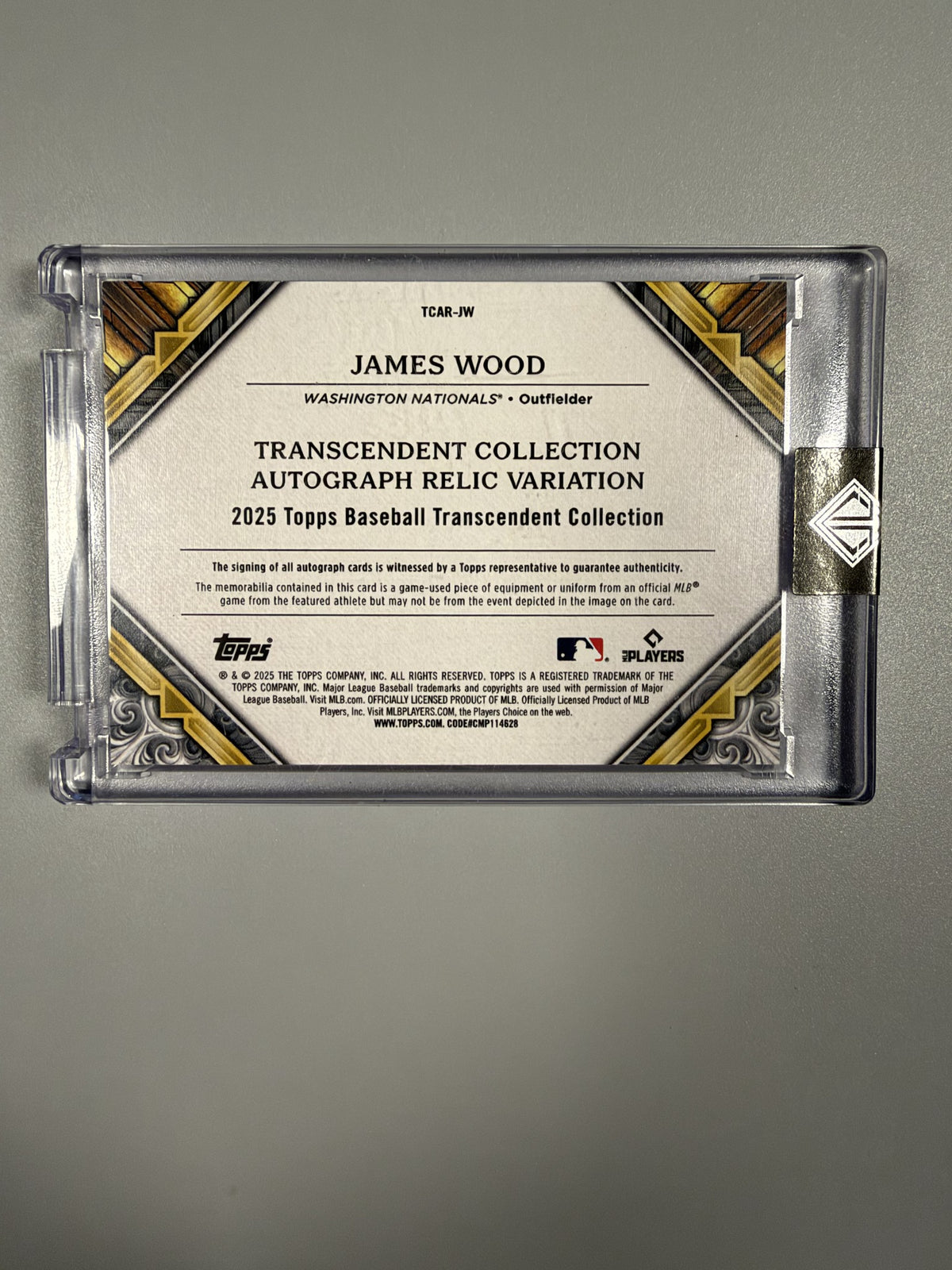 2025 Topps Transcendent James Wood TCAR-JW rookie autograph game-used relic 10/25 back
