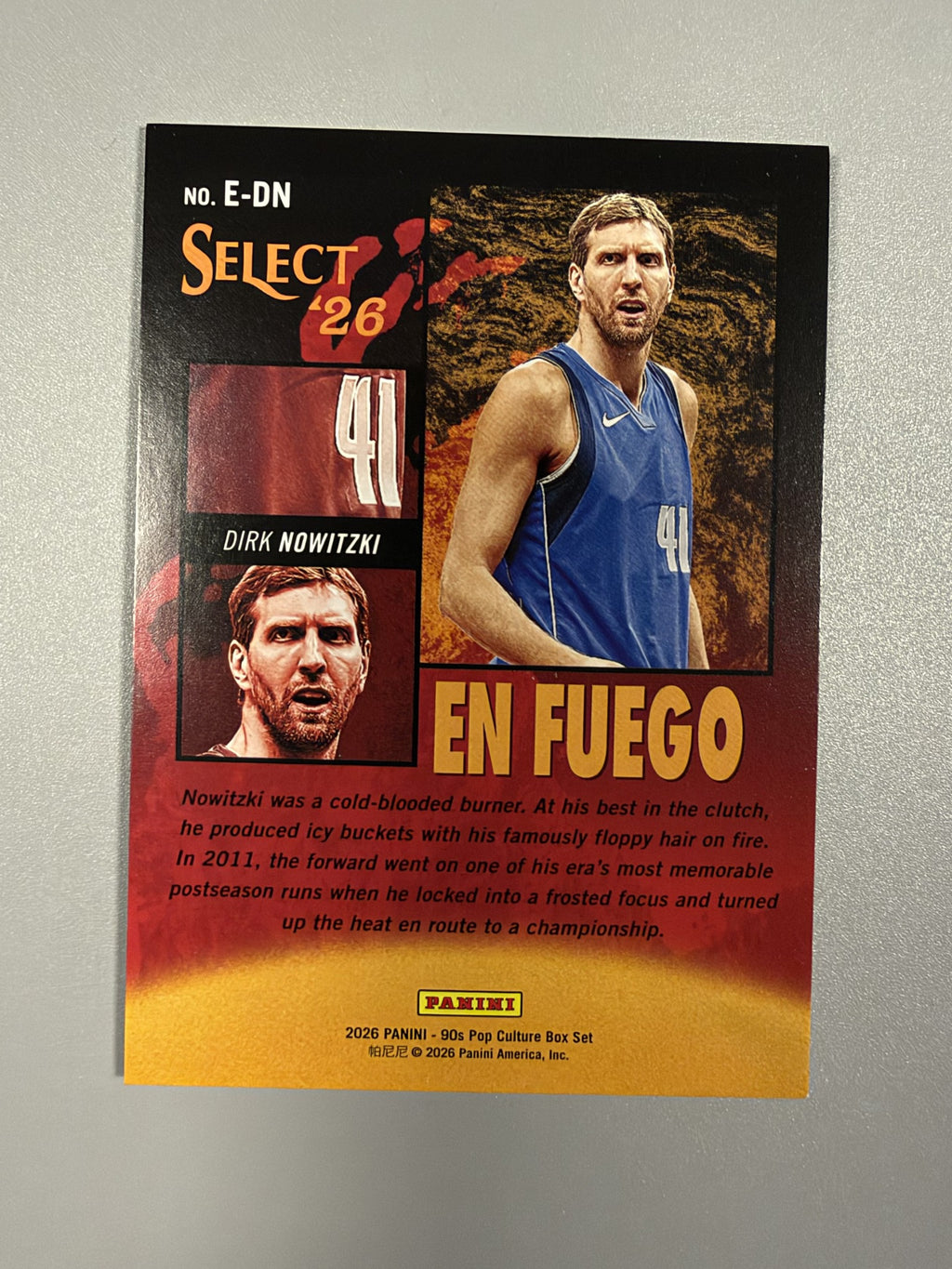 2026 Panini Decades 90s Pop Culture Dirk Nowitzki En Fuego Purple 34/99 back