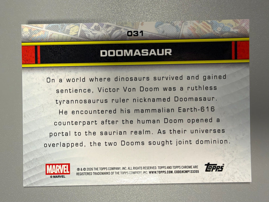 2026 Topps Chrome Marvel Doomasaur #031 Blue Refractor 008/150 back