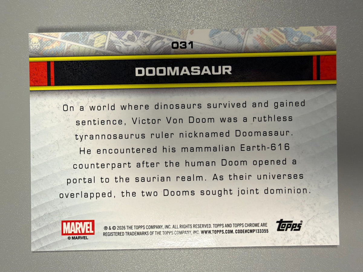 2026 Topps Chrome Marvel Doomasaur #031 Blue Refractor 008/150 back