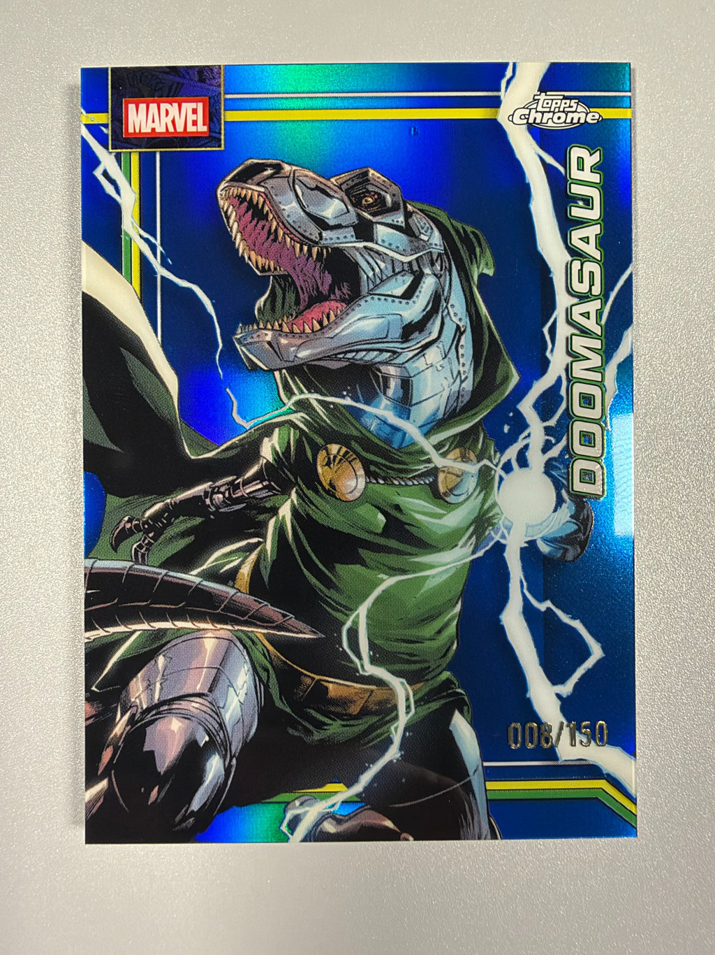 2026 Topps Chrome Marvel Doomasaur #031 Blue Refractor 008/150 front