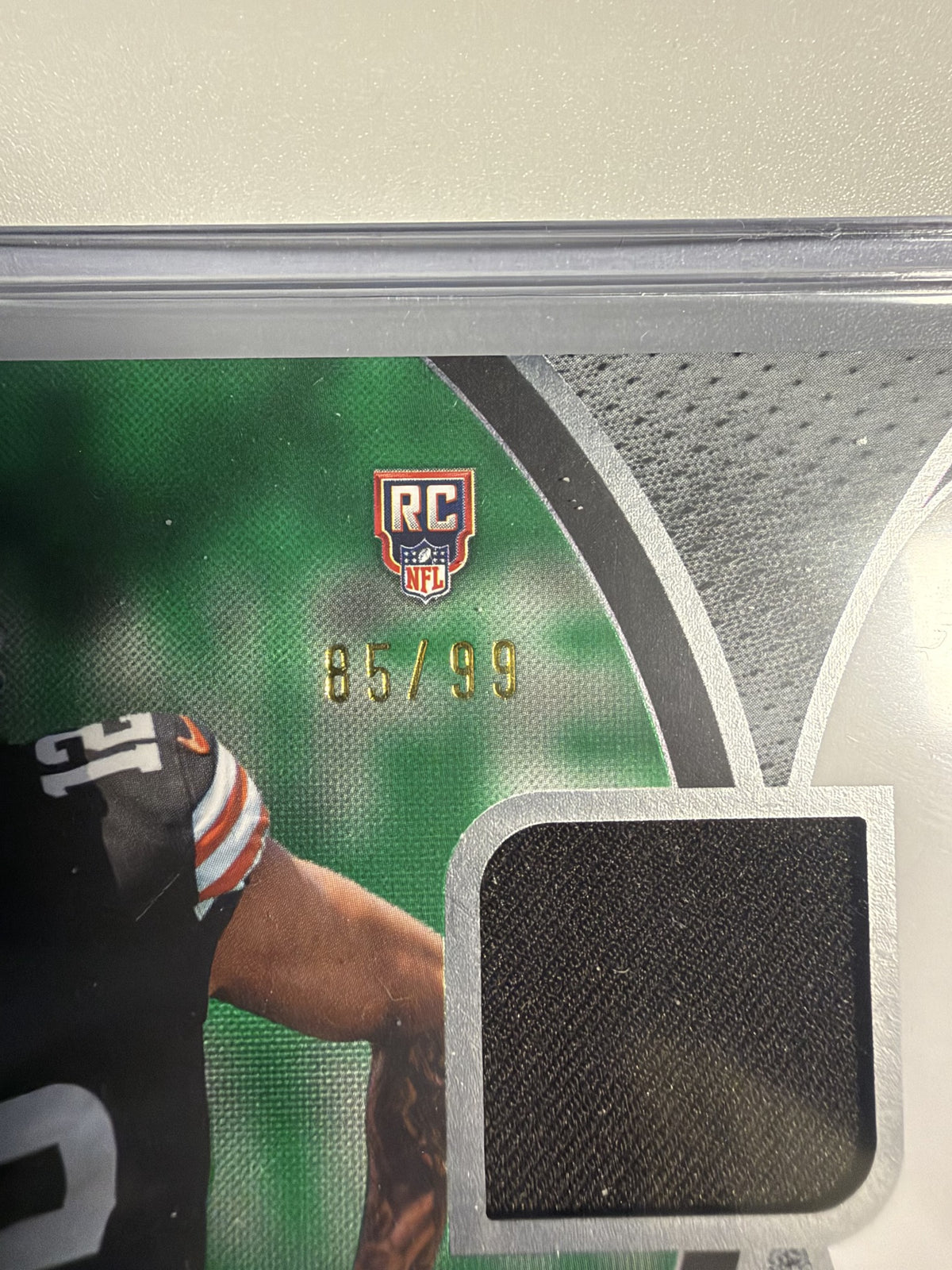 2026 Topps Flagship Denzel Boston NFL Rookies Material Green 85/99 serial number close-up